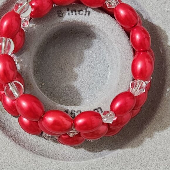 Hand Crafted Pearl Wrap Bracelet Earrings Set Red Faux Pearls Clear Crystals - Picture 9 of 9